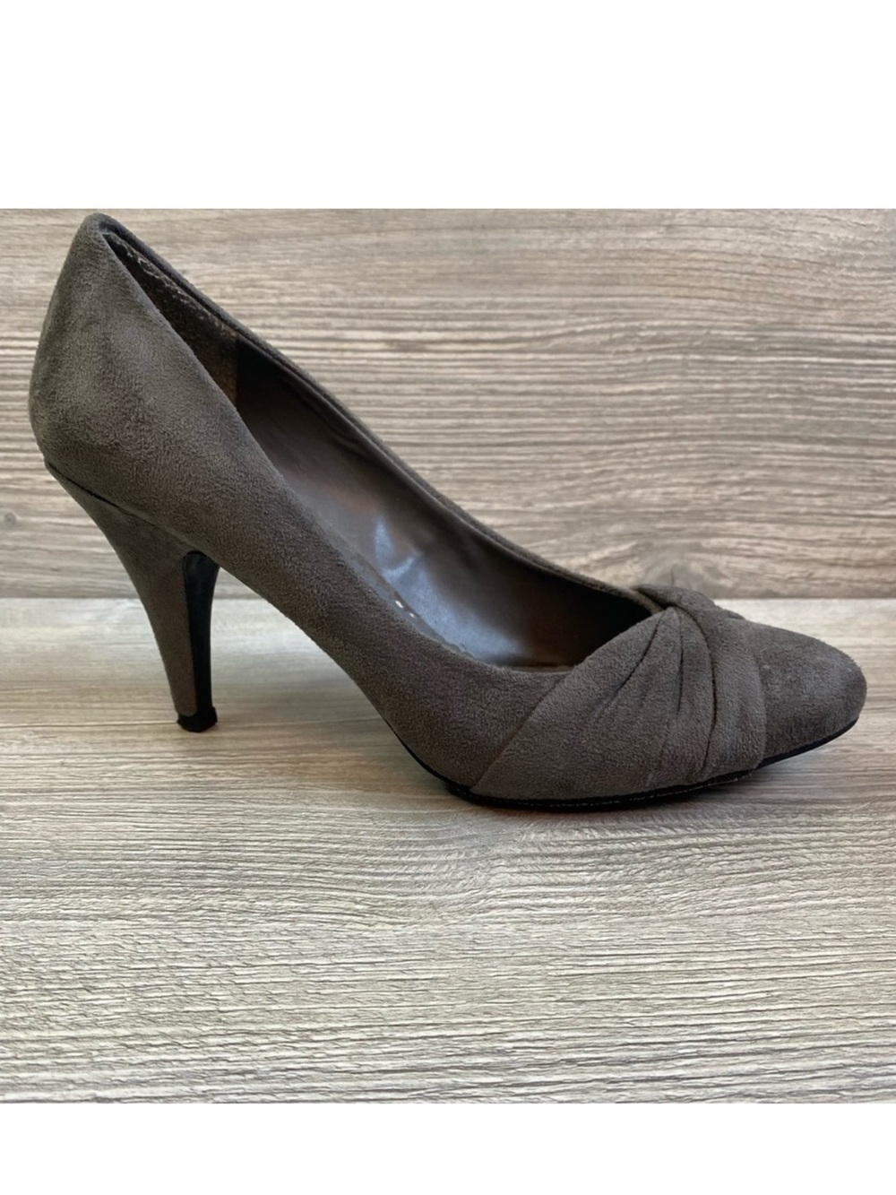 Laura Ashley grey suede pumps cross vamp heels size 9 almond toe